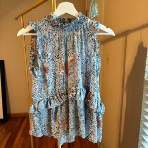 Hayden Light Blue Floral Smocked Neck Ruffle Sleeveless Top